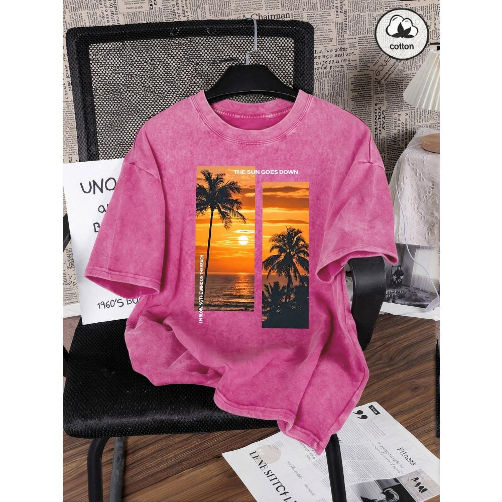 Beautiful Coconut Tree Beach Scenery Print Women Washed T Shirt Cotton T-Shirts Vintage Loose Short Sleeves Sportswear