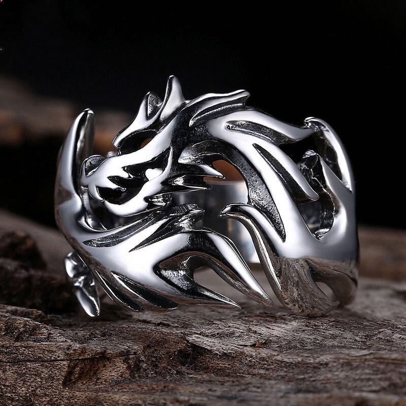 Vintage Bold Flame Dragon Ring for Men Punk Hip-hop Adjustable Open Ring Personalized Male Jewelry Gift