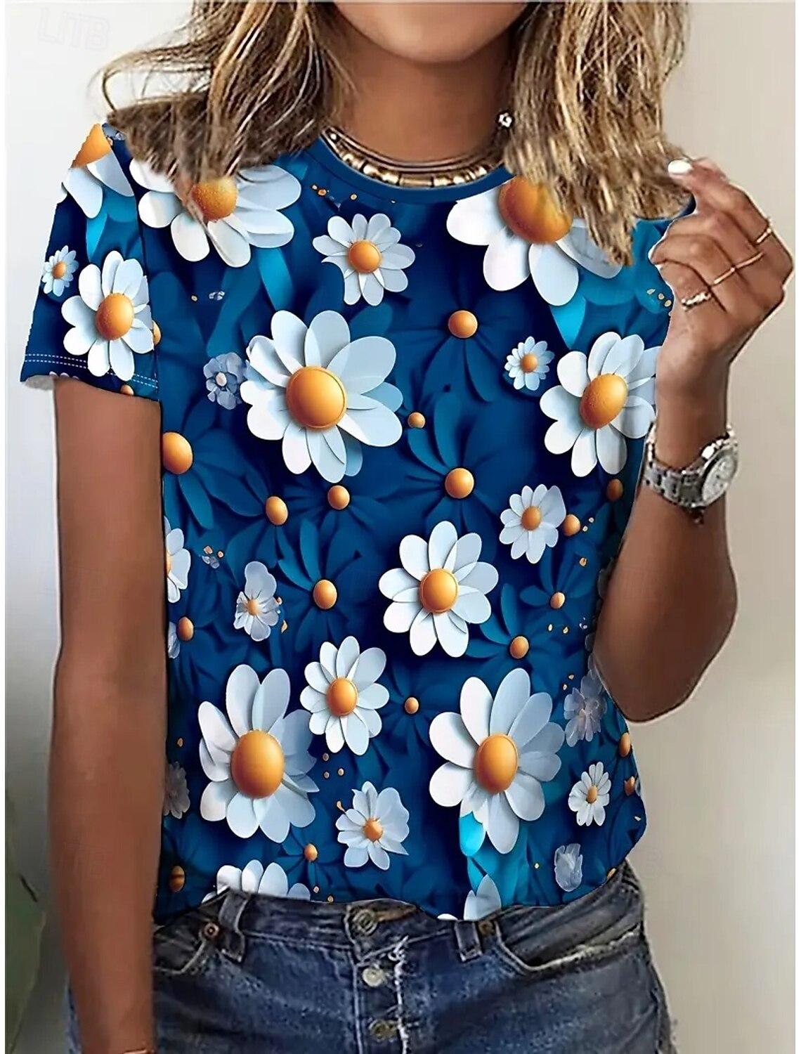 

Женская футболка с 3D-принтом с розами и цветами, повседневная уличная одежда Y2K, футболка с короткими рукавами, футболка с круглым вырезом, летняя одежда 6XL