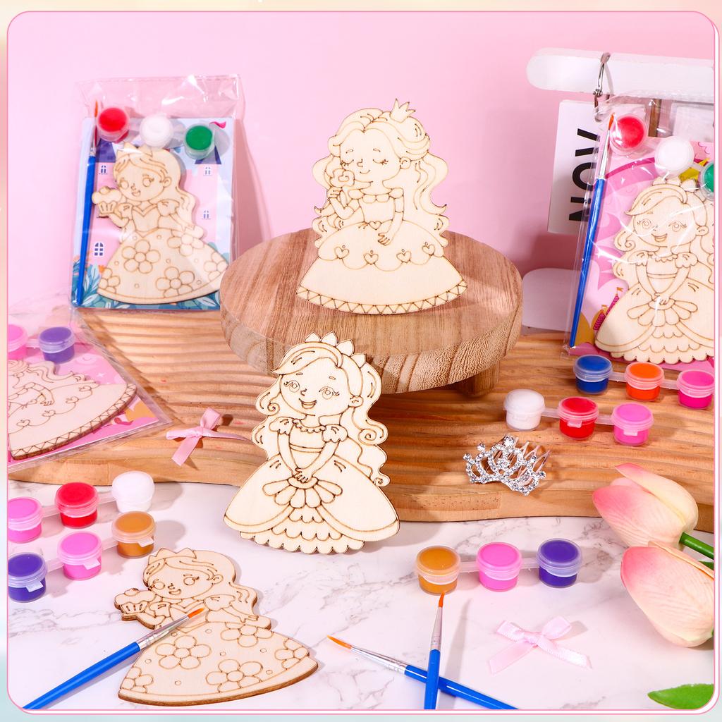 12 Pcs Birthday Theme Party Favors Wooden Painting Crafts Bulk With Game Cards Paint Brushes Supplies For Themed Party Decoratio