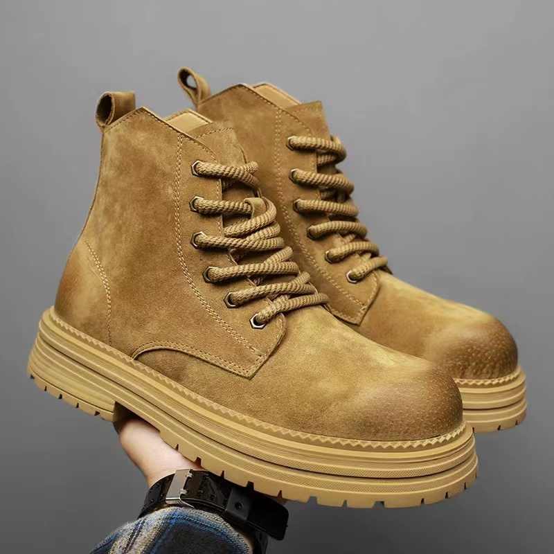 Fashion Brown Boots Men's Platform Boots Retro Military Style Ankle Boots Texture Upper Thick Bottom Lace Design Work Clothes Style 2025