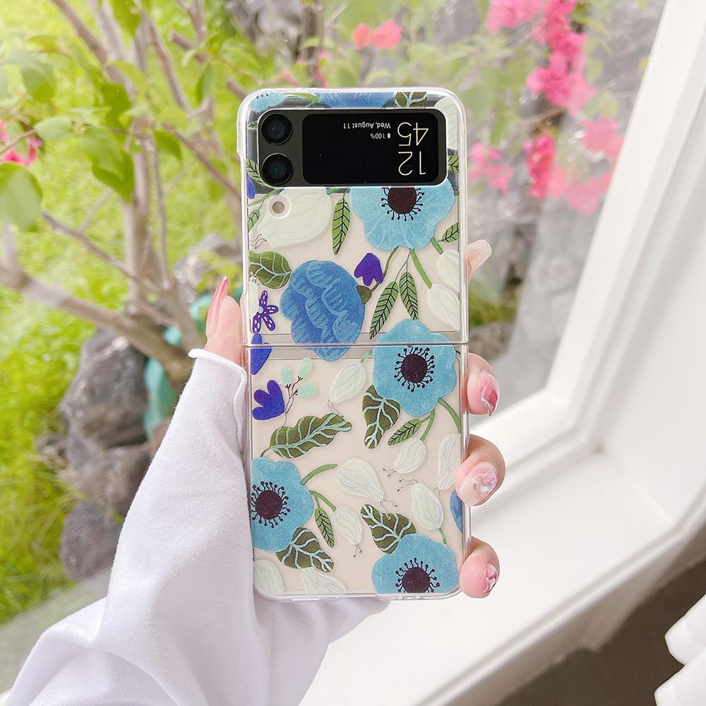 Woman Cute Flowers Cartoon Floral Phone Case For Samsung Galaxy Z Flip 4 3 5g Transparent Hard Pc Slim Cover