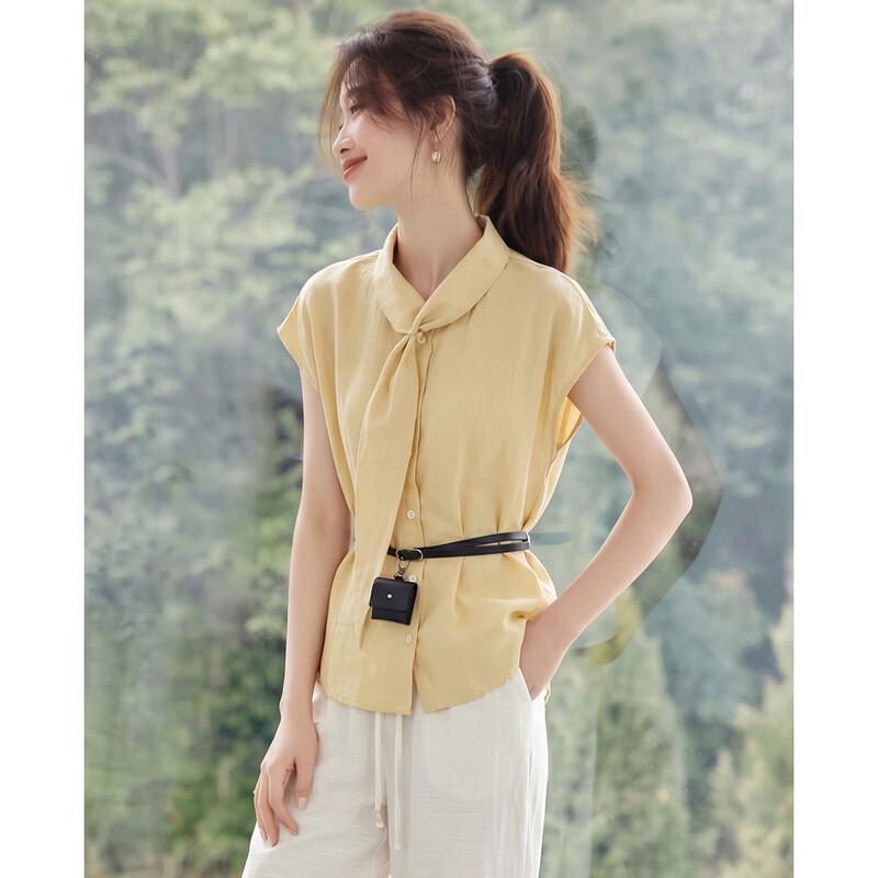 TERRE BLEUE Women s Tie-Neck Short Sleeve Blouse M