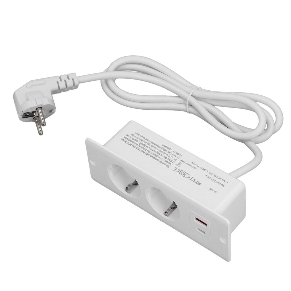 Recessed Socket 2 Outlets with PD20W USB C USB A Port Embedded Furniture Power Strip 1.5m Cord
