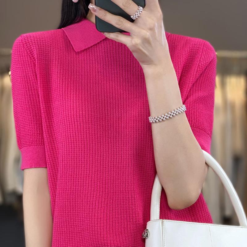 

Кукольный воротник Трикотажная футболка с коротким рукавом из ледяного шелка Летняя новинка Однотонная Свободная и Универсальная Темпераментная базовая футболка Топ XXL