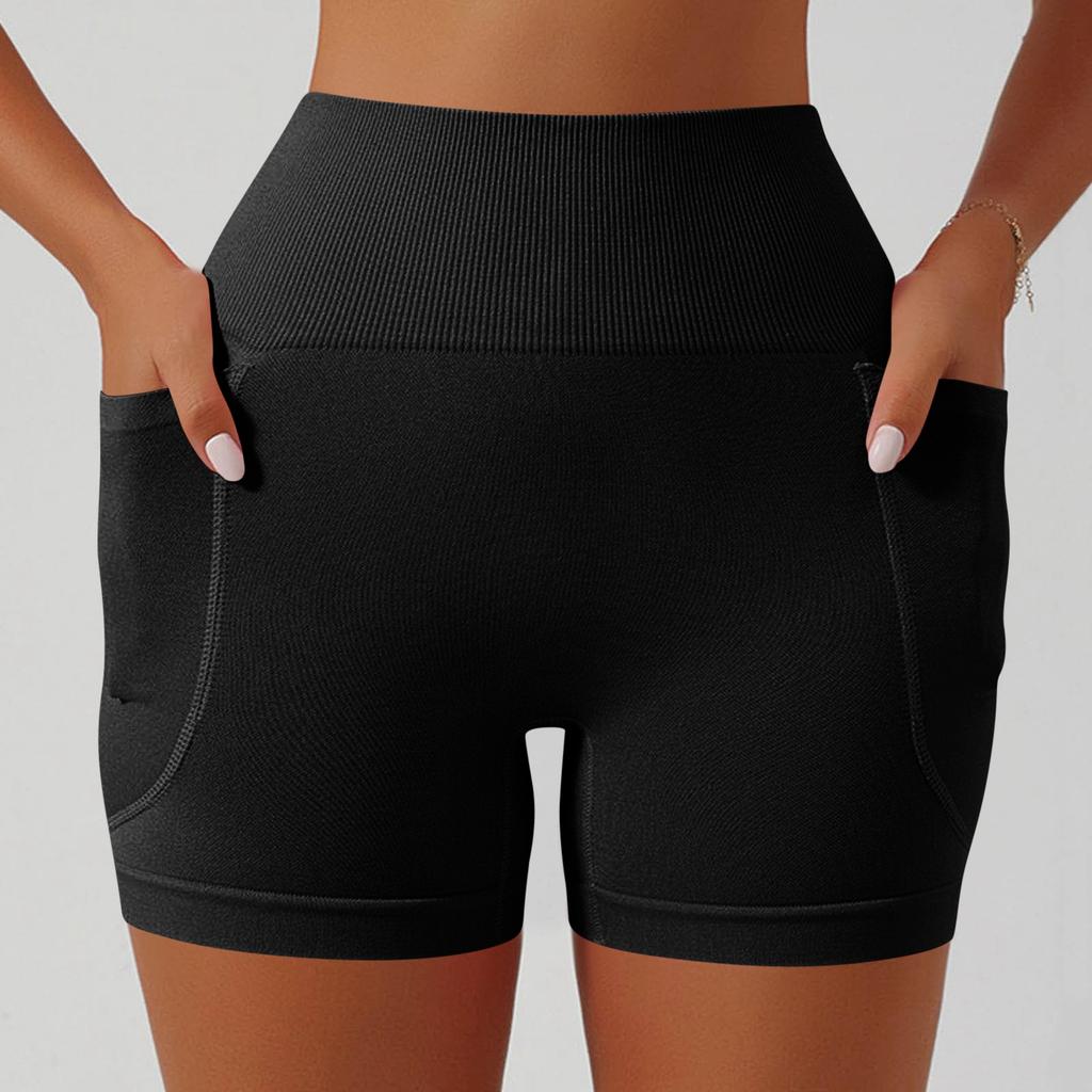 Hohe Taille Nahtlose Yoga-Shorts mit Seitentasche für Damen Dehnbar Workout Kompressions-Fitness-Shorts