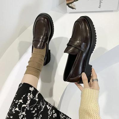 Platform Leather Shoes Women Chunky Thick Sole Round Toe Black Brown Pu Shallow Pure British Style Retro Slip-on Leisure Loafers