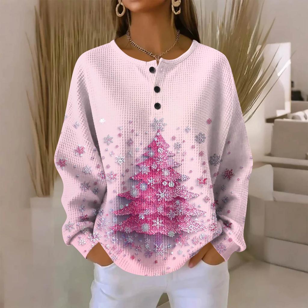 Camicia da donna alla moda casual con stampa natalizia, scollo a V, maniche lunghe e abbottonatura.