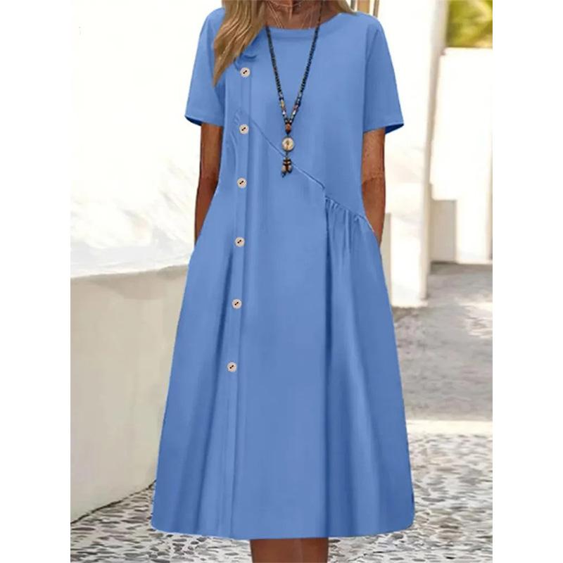 Damen Midi-Kleid mit Knöpfen, geraffter Taille und Taschen, lässiges, lockeres Tunika-Kleid