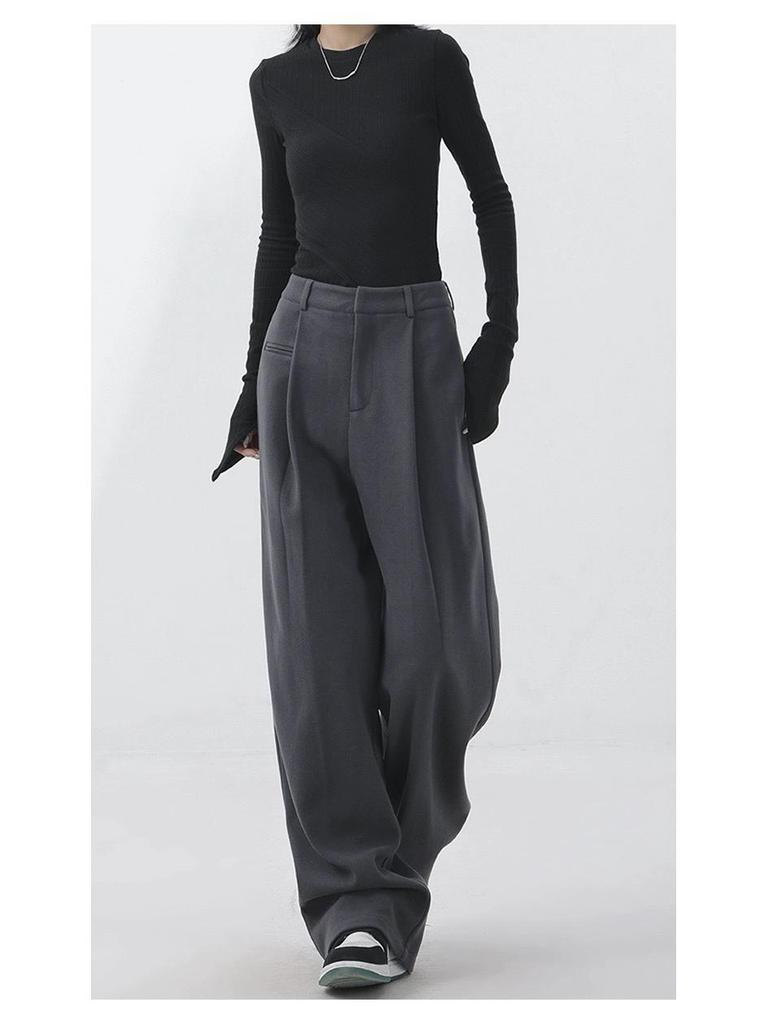 Retro Slimming Melange Wide-Leg Pants for Women - Autumn/Winter Collection