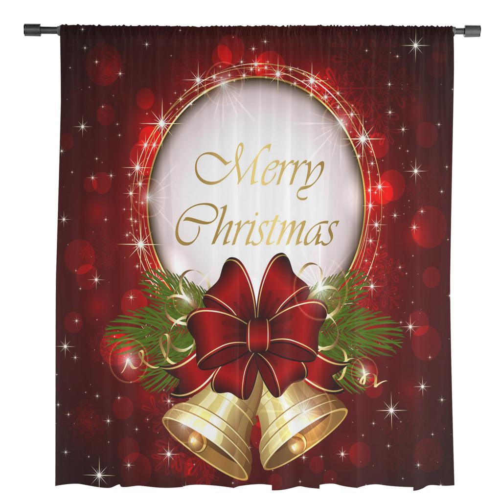 Christmas Bells Letters Bow Ribbon Tulle Sheer Window Curtains for Living Room Bedroom Christmas Decor Voile Curtains Drapes