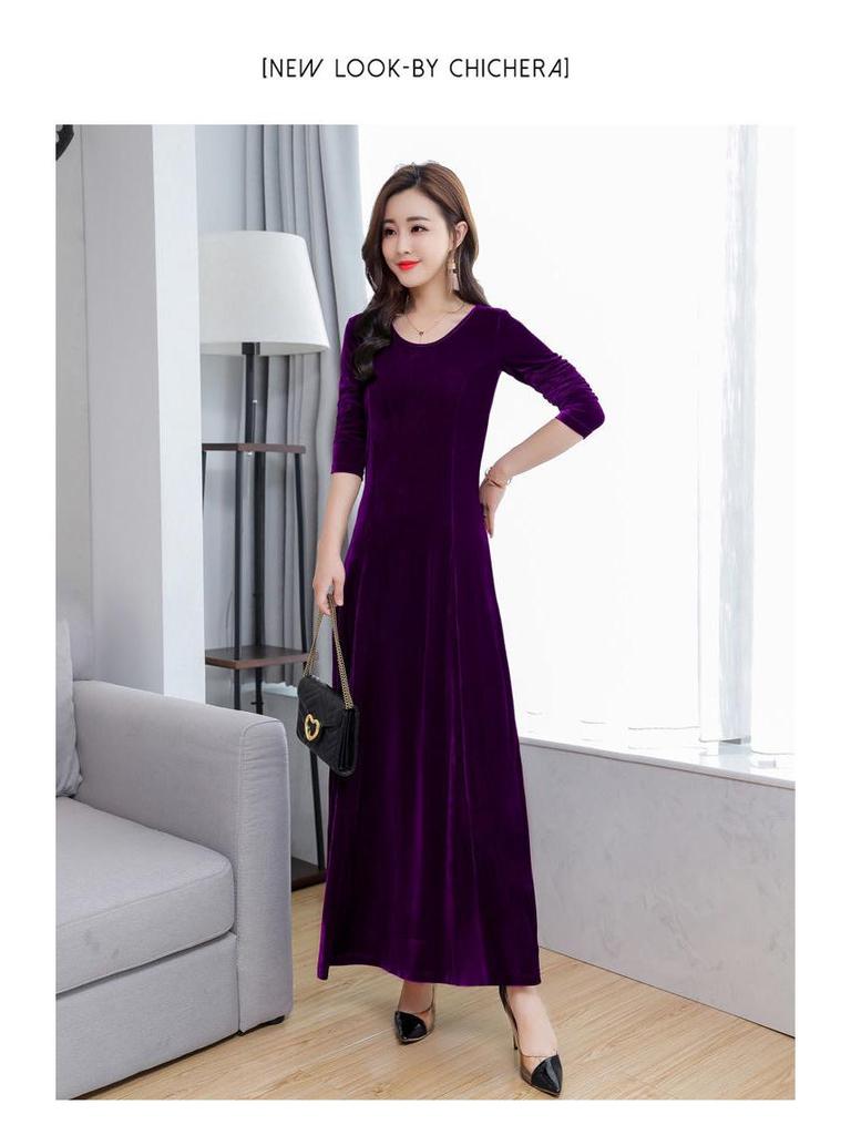 Plus Size Gold Velvet Long-Sleeve Dress - Spring/Autumn Style