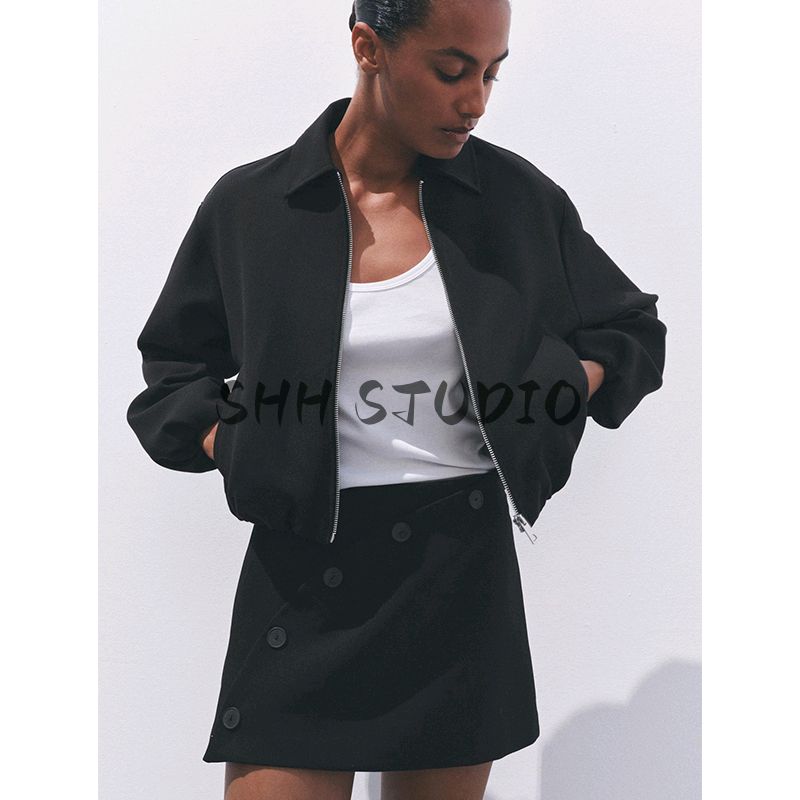 Spring New Women's Clothing Minimalist Style Lapel Long Sleeves Puffy Hem Short Version Jacket Outwear 8372026