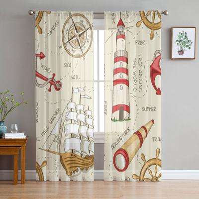 Morskie Żaglówka Kotwica Koło Luneta Latarnia Morska i Kompas Przezroczyste Zasłony do Pokoju Sypialni Okna Woale Tiulowa Zasłona