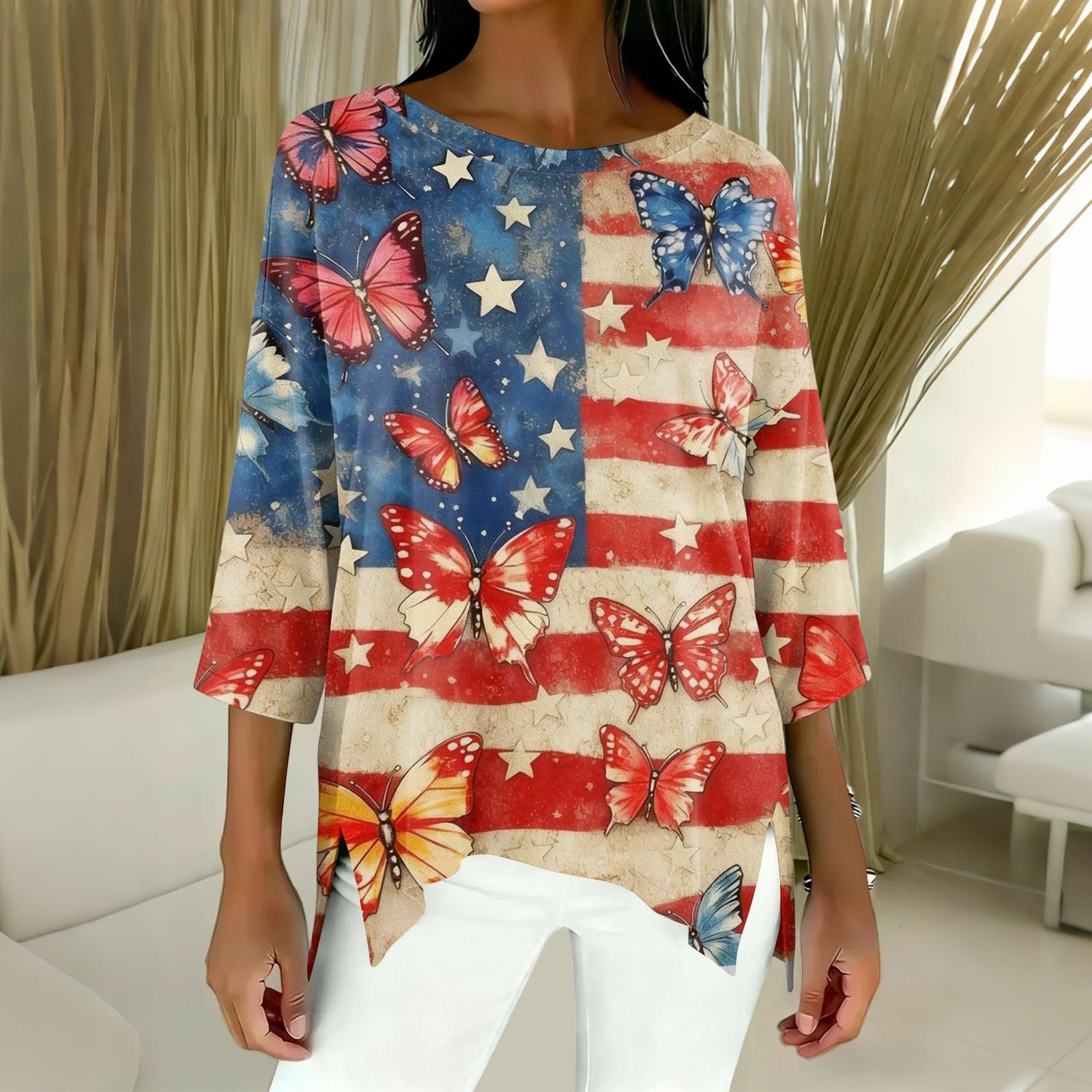 

Женский модный топ с принтом ко Дню независимости, с рукавом три четверти XL винный