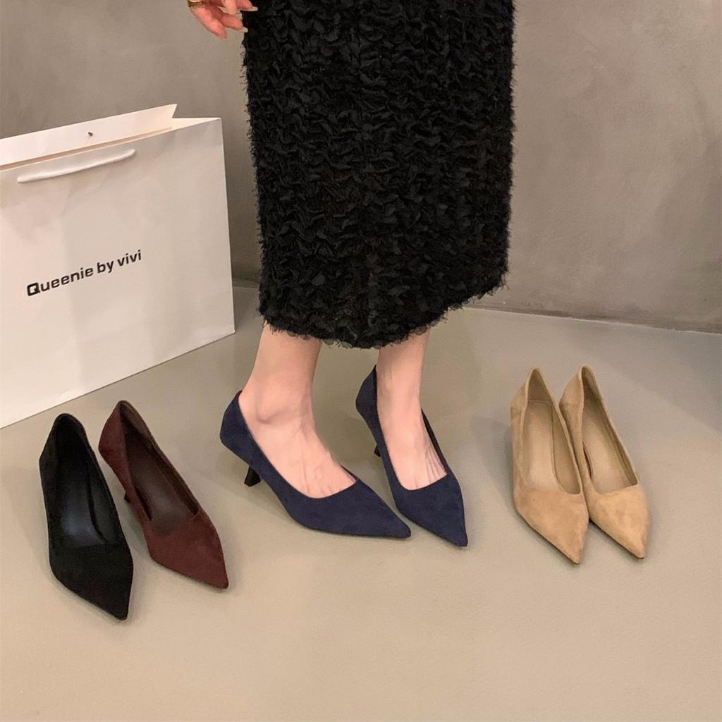 stiletto high heels suede pointed single shoes women's shoes 2025 new spring and autumn temperament socialite black commuter shoes