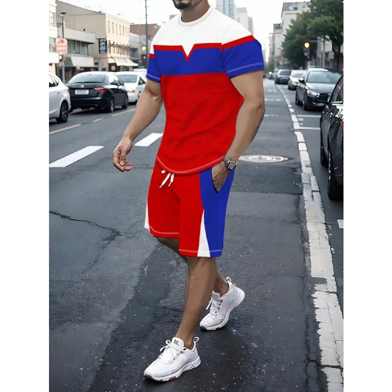 Casual Stripe Printed T-shirt Shorts Set Large Size Loose Men's Short Sleeve Tee Elastic Waist Shorts 2-piece Set Sports Clothes