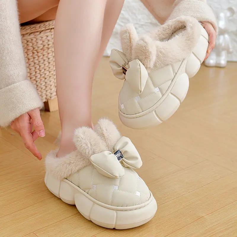 Fashion 2025 New Winter Waterproof Warm Slippers Women Home Floor Shoes Soft Plush Bow Female Indoor Furry Chunky Slippers