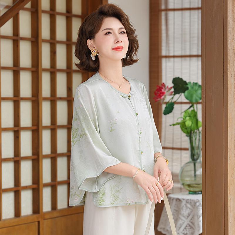 Summer 2026 Imitation Silk Short-Sleeve Blouse - Fashionable Plus Size for Middle-Aged & Elderly Moms