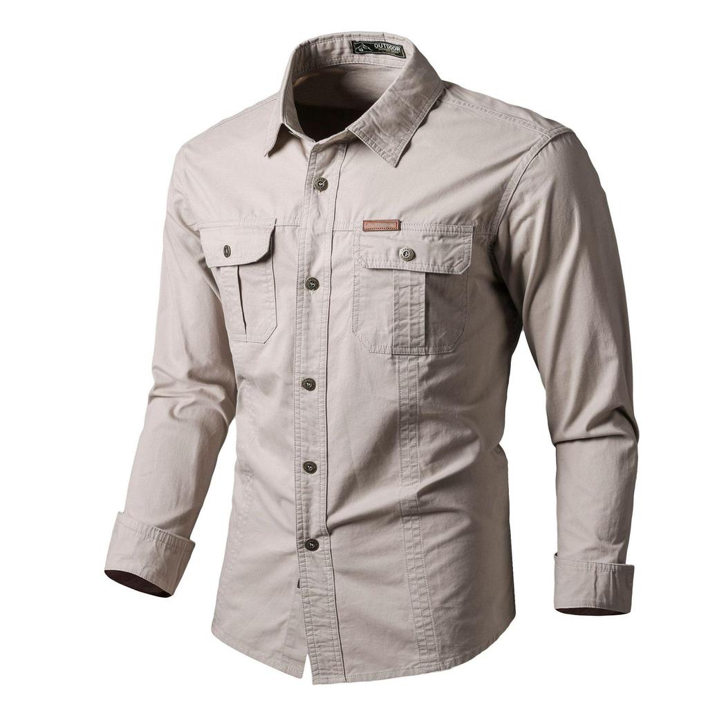 Men's Non-Iron Long Sleeve Cotton Workwear Shirt - Loose Fit, Casual Outdoor Top