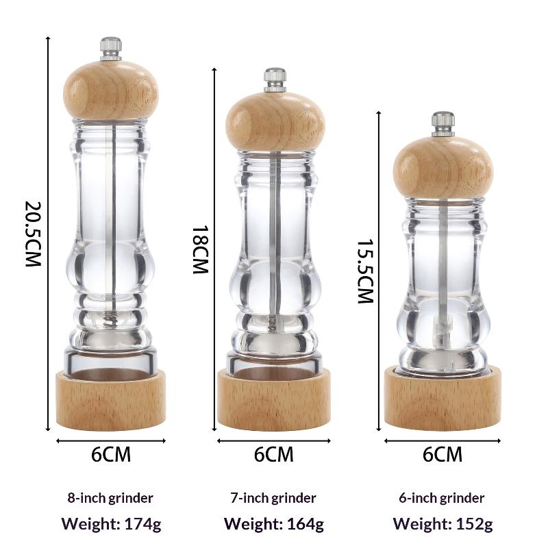 Wood Pepper Grinder Mill, Acrylic Sea Salt Shaker With Adjustable Coarseness, Refillable Manual Ceramic Core Spice Crusher