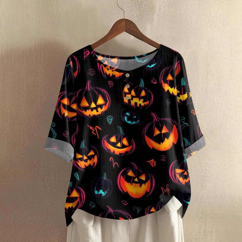 Damen Modisches Und Lässiges Shirt Halbarm Rundhals Print Baumwolle Und Leinen Bluse Top