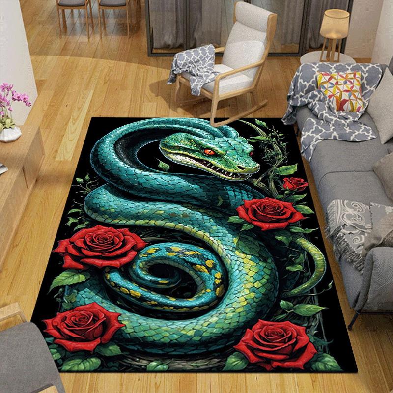 1pc Rose and Green Snake Design Indoor Area Rug - Soft, Anti-Slip, and Durable Gaming Room Decor for Bedroom