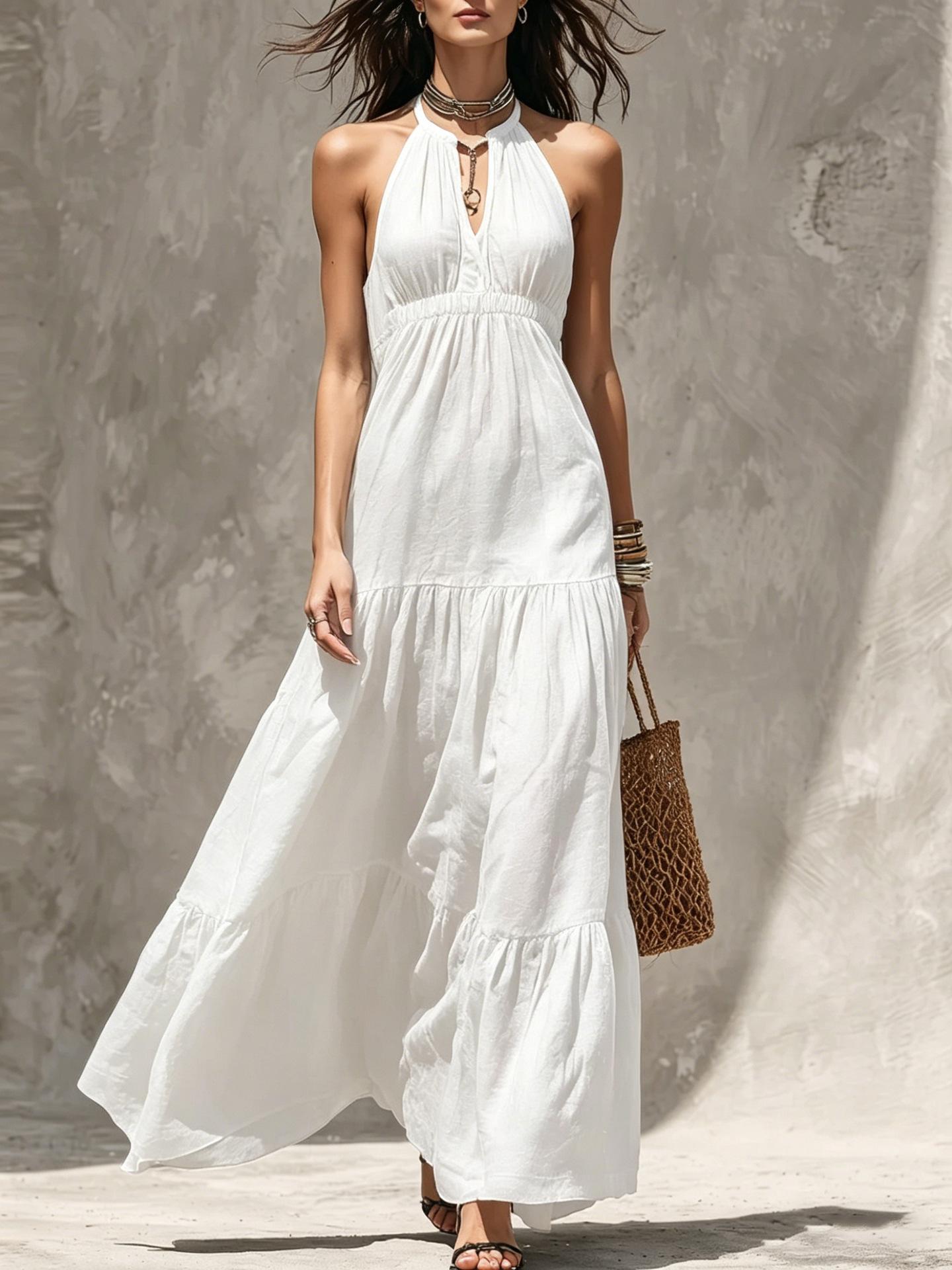 women s Solid Halter V Neck Smocked High Waist Tiered Maxi Dress A Line Vacation Beach Long Dress S чистый белый