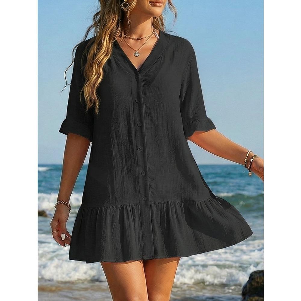 Women's Beach Cover-up V-neck Ruffled Button-down Casual Resort Dress