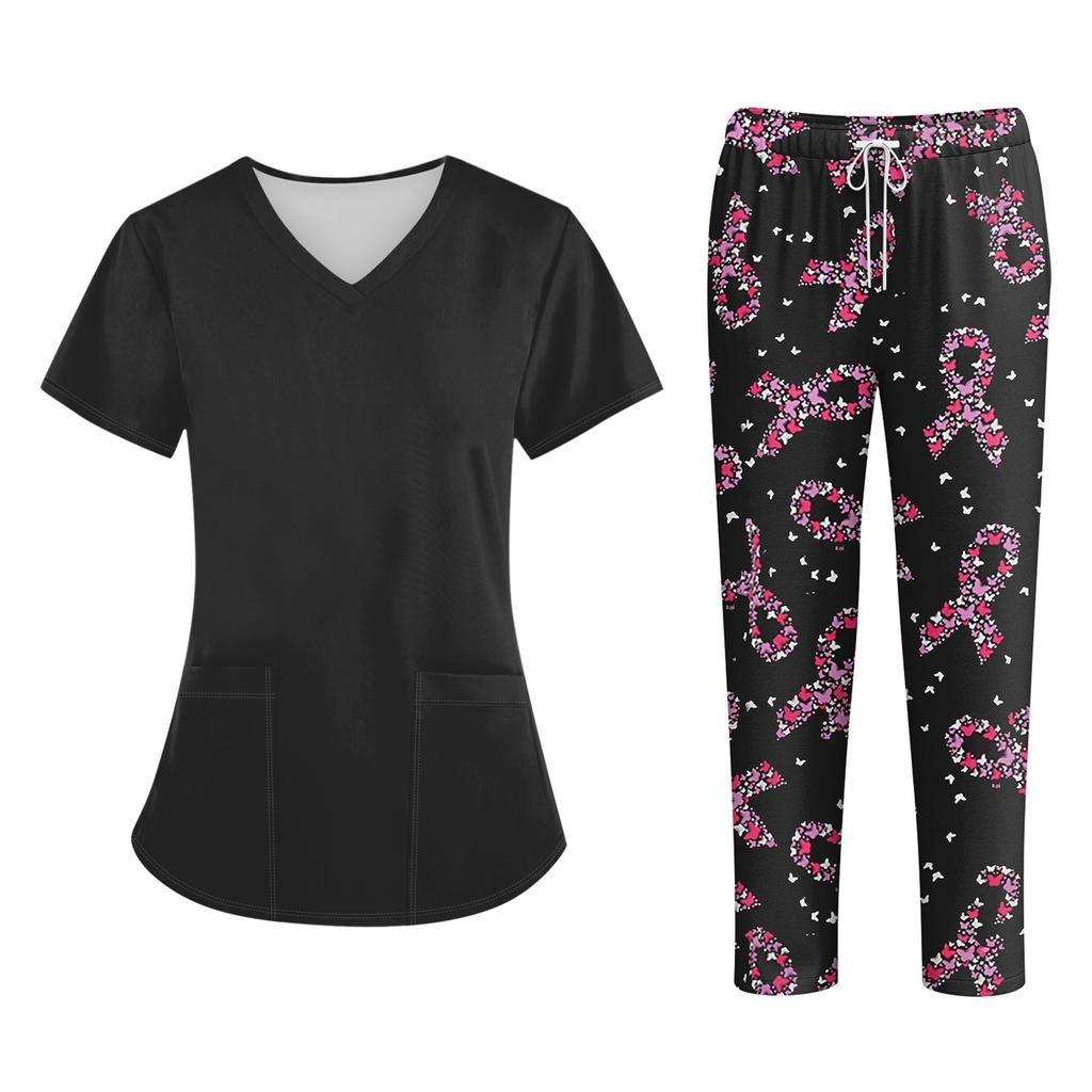 Bedruckte Oberteile für die Arbeitsuniform in Übergröße für Damen, V-Ausschnitt, Halloween-Aufdruck, kurzärmliges Fun-T-Shirt, Workwear-T-Shirt mit Taschen