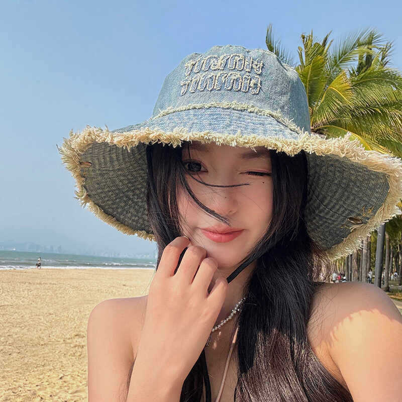 Western denim retro old niche design sense big eaves bucket hat women's rough edge visor basin hat sun protection hat men