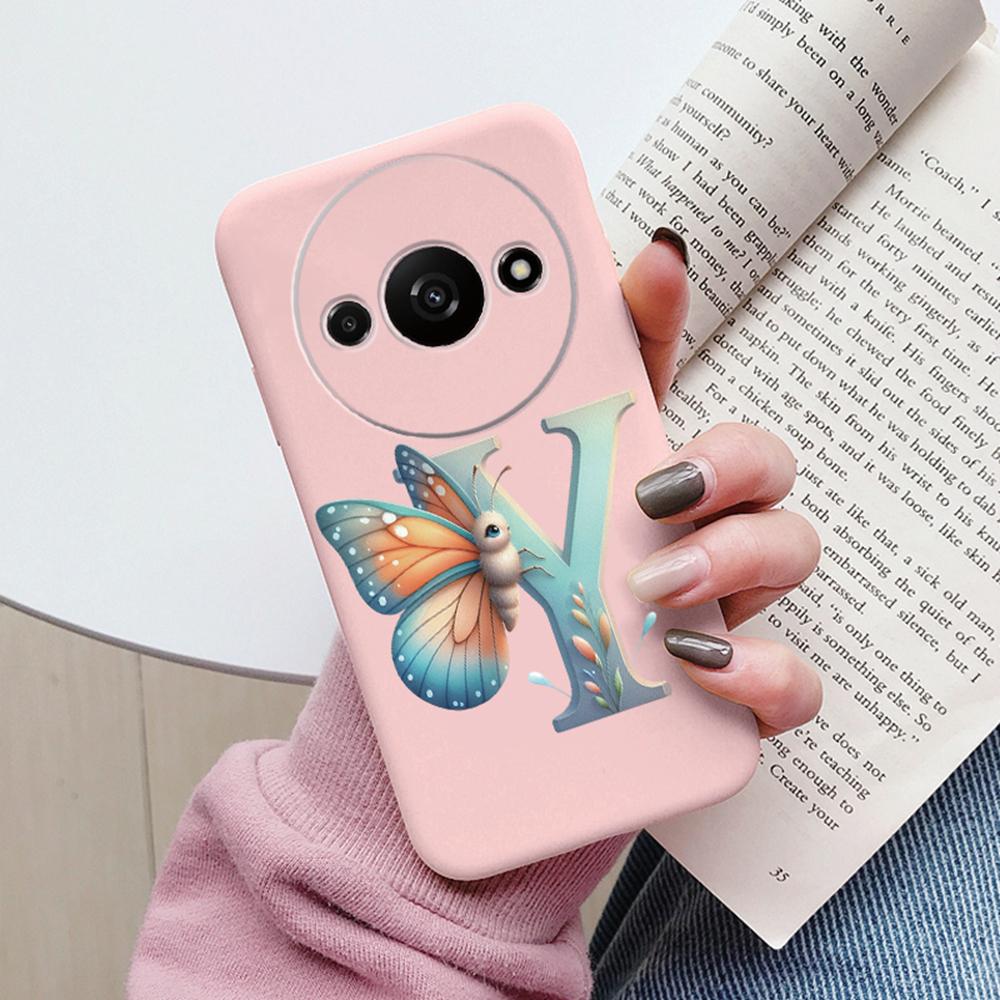 Handyhülle für Xiaomi Redmi A3 4G A3x Rosa Buchstabe Blume Schmetterling Stoßfest Weiches Silikon Cover Kameraschutz TPU Fundas