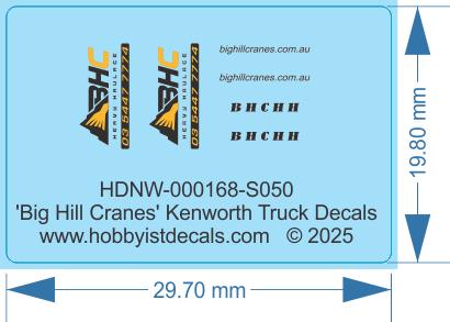 Big Hill Cranes  Kenworth Truck Decals - 1/50 - Water Decal