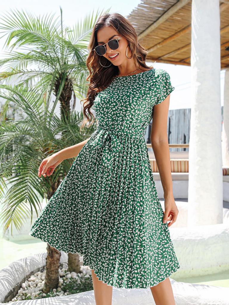 2023 Spring/Summer Women's Floral Tie-Up Dress with Pleated Skirt - European & American Style, Short-Sleeved, Casual