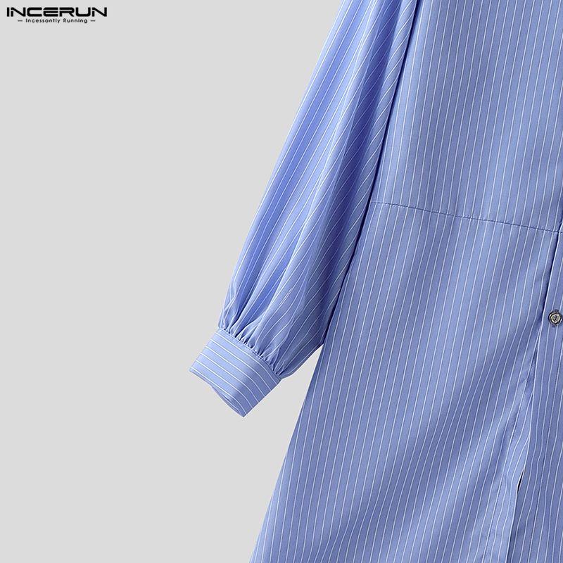 INCERUN Oversized Men Stand Collar Puff Sleeve Striped Print Buttons High Splits Long Shirts