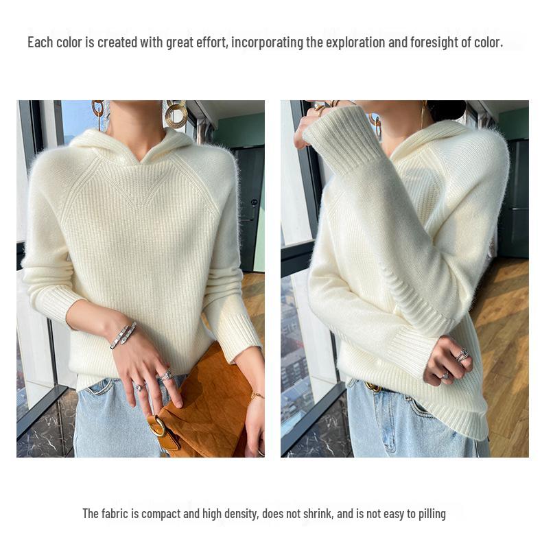 Women's Pure Wool Hooded Knit Sweater with Raglan Sleeves for Autumn and Winter