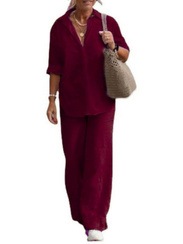 2023 Women's European & American Lapel Two-Piece Set: Long-Sleeve Shirt & Wide-Leg Pants for Spring & Autumn