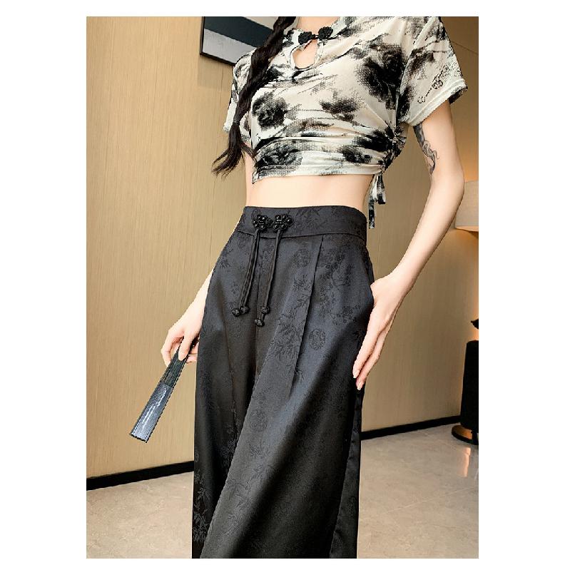 Chinese-style Faux Satin Jacquard Wide-leg Pants for Women, 2026 New Design, Niche High-waisted Slimming Casual Floor-length Trousers