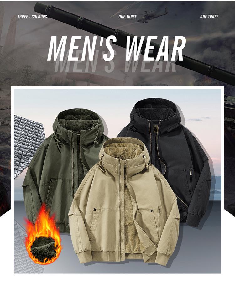 Herren Arbeitsjacke mit Kapuze aus reiner Baumwolle, Herbst/Winter, mit Samtfutter, Verdickt, Lockerer Schnitt, Übergröße, Stil 6836.