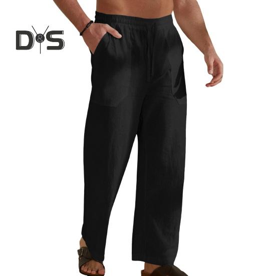 

Мужские брюки с эластичной талией на шнурке, прямые, свободные, однотонные, с карманами, впитывающие пот, повседневная одежда, повседневные спортивные брюки, длинные спортивные штаны M чёрный