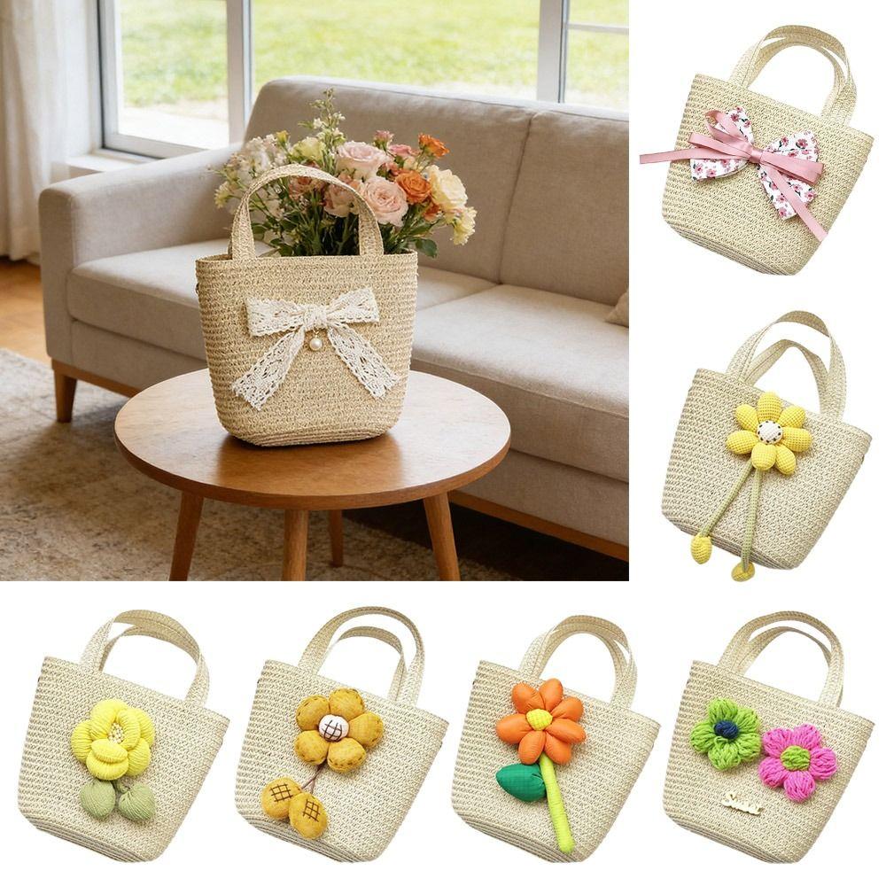 Cute Handmade Woven Straw Bag Bowknot Breathable Storage Basket Flower Coin Purse Kids Girls