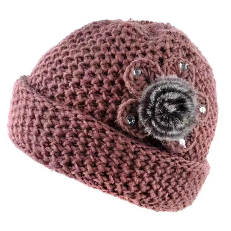 Fashion Outdoor Thickened Fleece Knitted Hat Winter Rabbit Fur Baseball Cap Warm Bow Basin Cap For Middle-Aged And Elderly