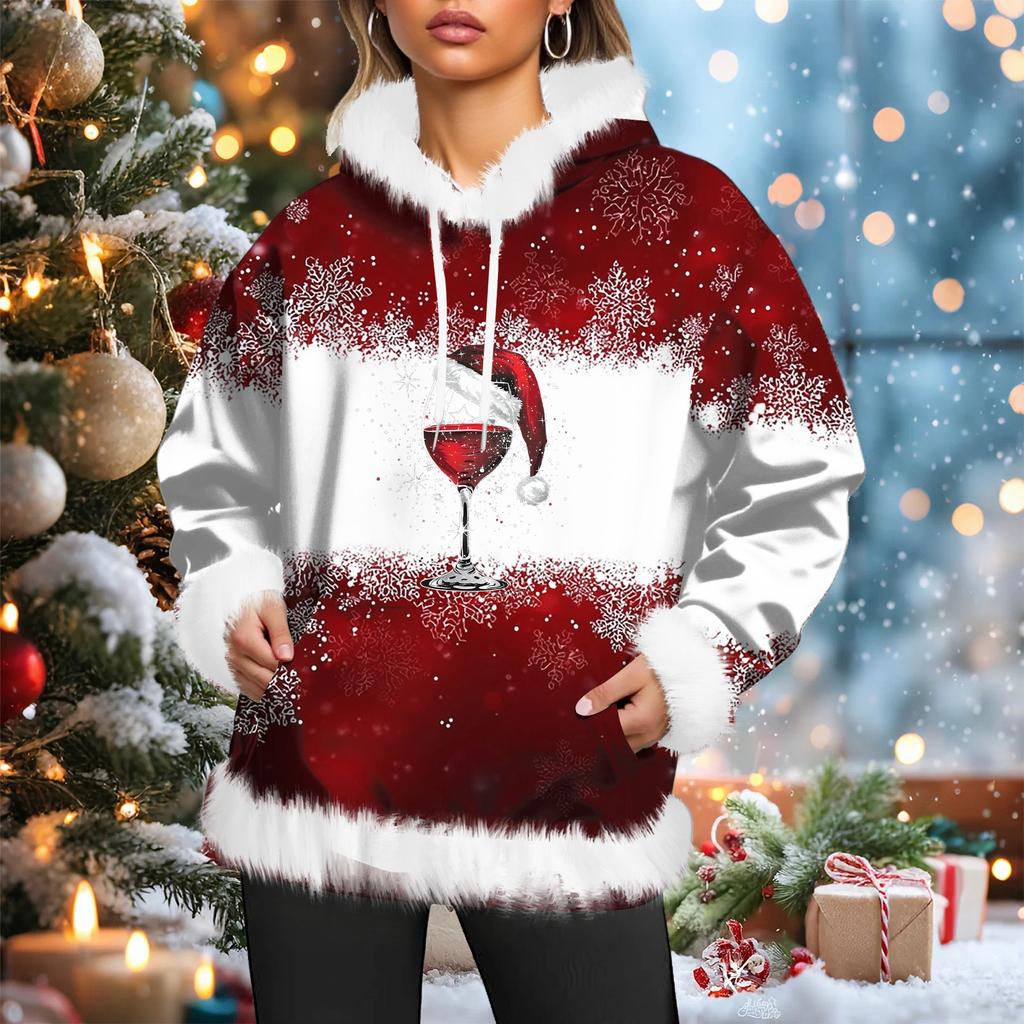 Dámská vánoční ležérní mikina s kapucí podšitá fleecem, s dlouhým rukávem a kapsami