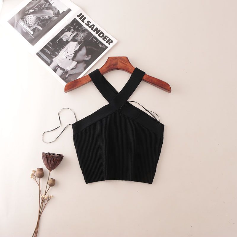American Fashion Brand Cross Hanging Neck Cami Summer Rib Solid Sexy Short Knitted Top Women