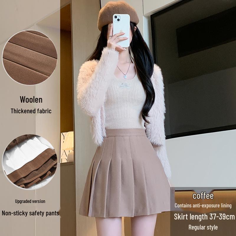 

Юбка А-силуэта с высокой талией, плиссированная, шерстяная - Женская осенне-зимняя, прилегающего кроя, больших размеров, в корейском стиле, короткой/миди длины. M