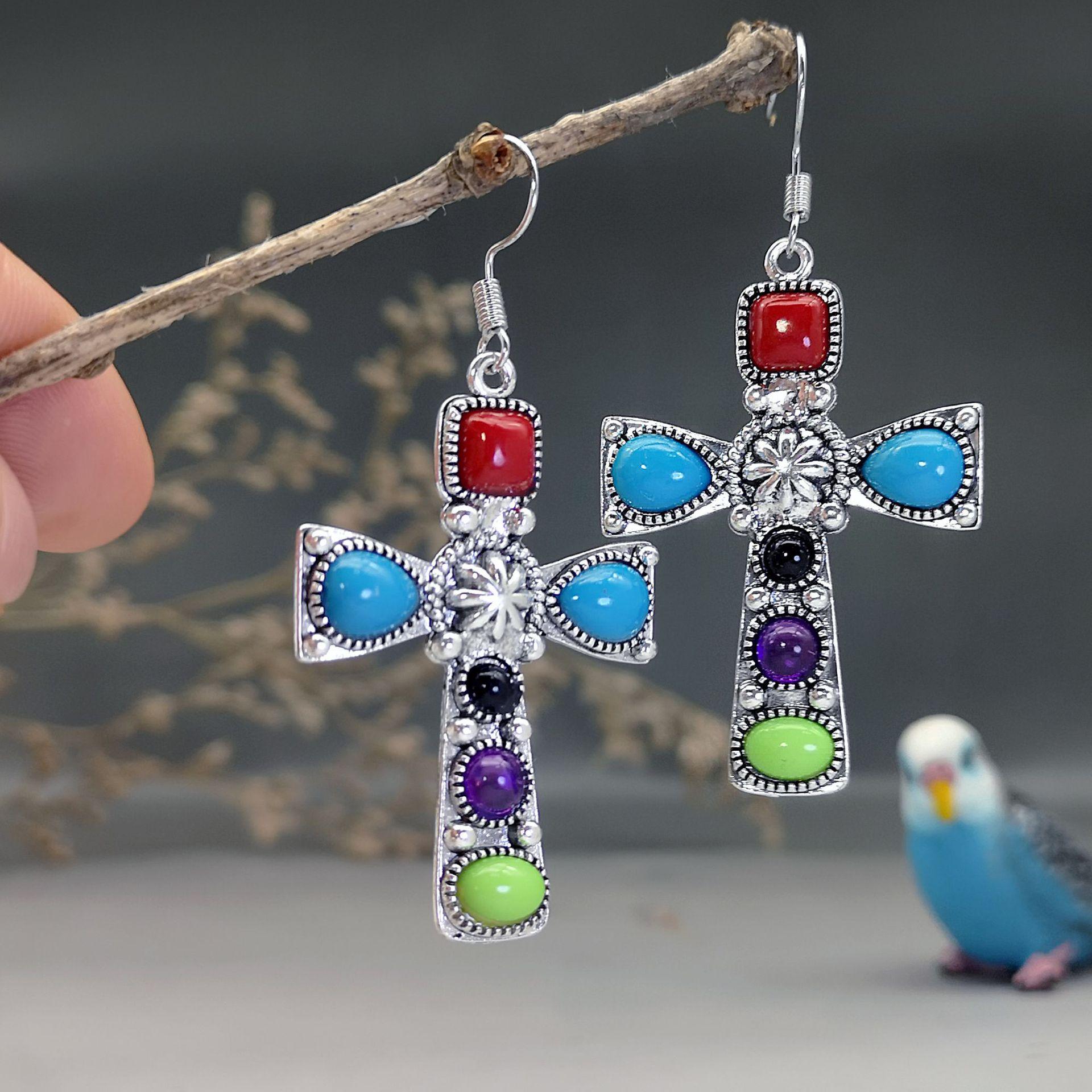 

Старовинні сережки-підвіски зі срібним хрестиком для жіночих пляжних сережок у богемському стилі з барвистим камінням срібний