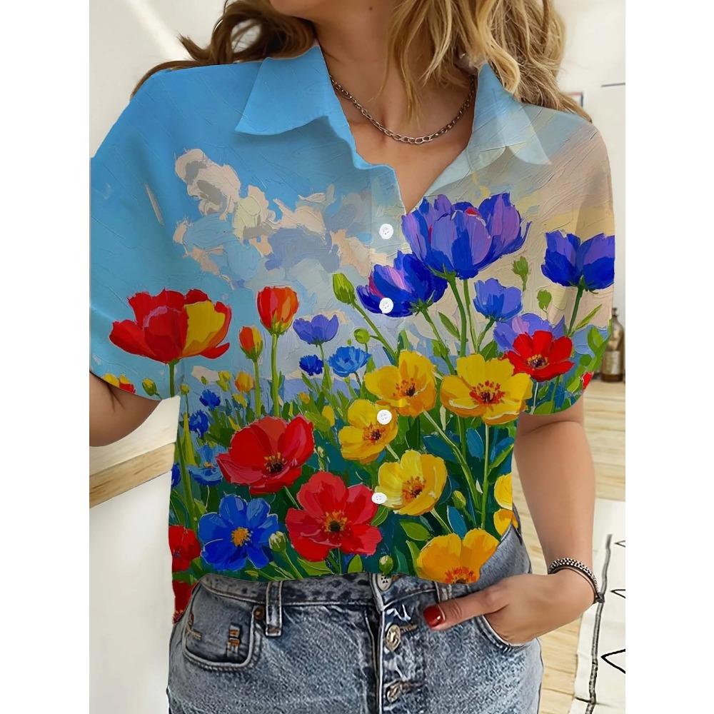 Floral Womens Shirts Short Sleeve Button Rose 3D Printed Casual Beach Shirt Summer New Sunflower Blouse Y2k Tops Women's Clothes