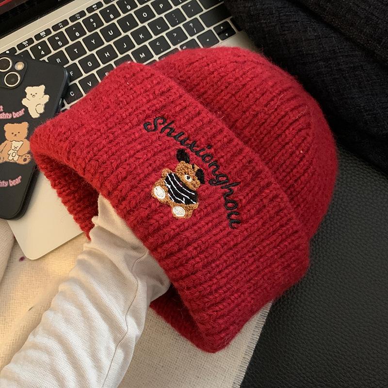 Cute Bear Blue Knitted Hat for Women In Autumn and Winter To Keep Warm and Versatile Ear Protection Woolen Hat Showing Face Small Baotou Cold Hat