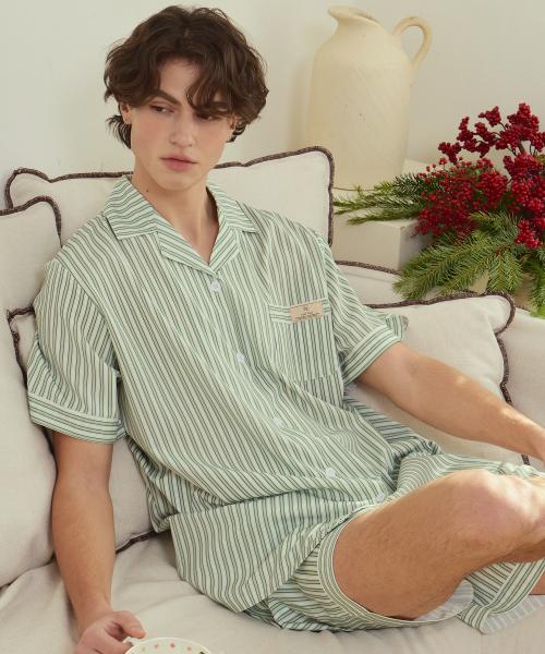 [Pink Zone] Blain Stripe Green Short-Sleeve Collar Pajama Set [Shipped from Korea] 100% Authentic