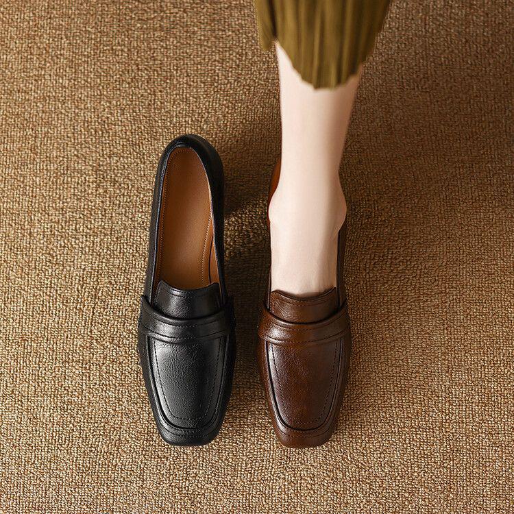 Damen Loafer mit Blockabsatz, Retro, eckige Zehenpartie - Echtes Leder, Ausverkauf, Frühling/Herbst 2025